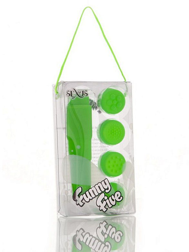 Компактный зелёный вибромассажёр с 4 насадками Sexus Funny Five 931001-7