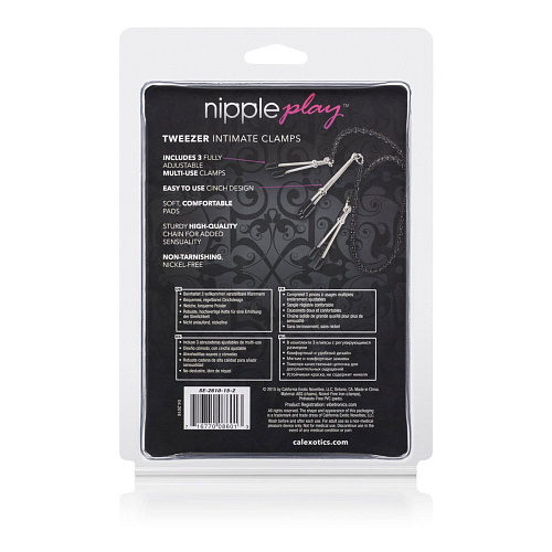 Серебристые зажимы на соски с чёрной цепочкой California Exotic Novelties Tweezer Intimate Clamps SE-2610-15-2
