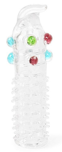 Закрытая прозрачная насадка на пенис с выпуклостями и отростком Bior toys EE-10011 (12 см)