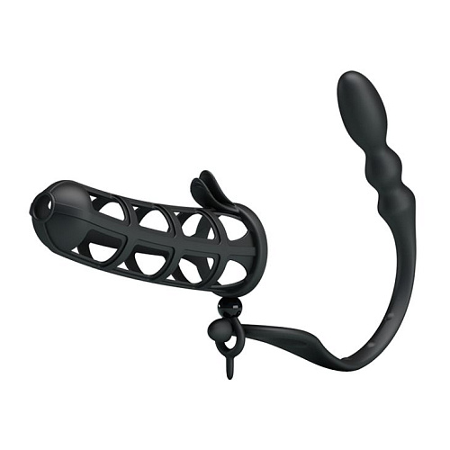 Насадка на пенис чёрного цвета со съёмным анальным стимулятором Baile Hercules intence anal stimulation BI-026233-0801