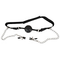 Чёрный силиконовый кляп-шар с зажимами для сосков на серебристых цепочках Orion 0522678