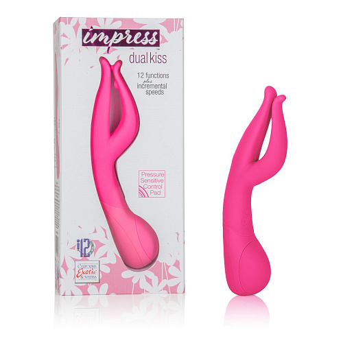 Розовый вибромассажёр со стимуляцией клитора California Exotic Novelties Impress Dual Kiss SE-4440-04-3 (15 см)