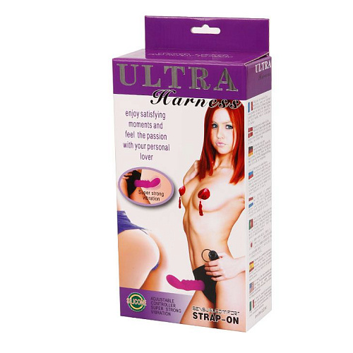 Розовый страпон с вибрацией на чёрных трусиках Baile BW-022041 (15,5 см)