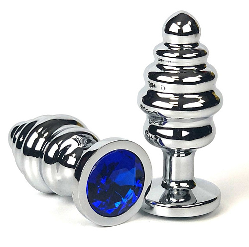 Серебристая ребристая анальная пробка с синим кристаллом Vandersex 185-RBS (6 см)