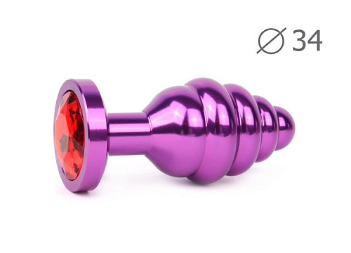 Коническая ребристая фиолетовая анальная втулка с красным кристаллом Anal Jewelry Plug AV-16-M (8 см)