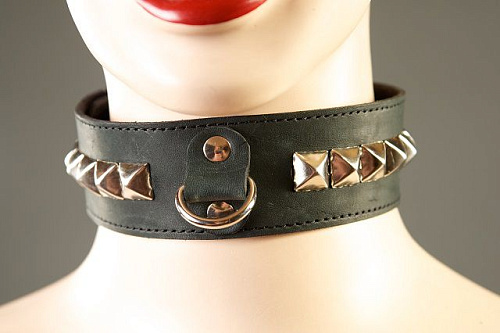 Чёрный узкий кожаный ошейник с квадропуклями и кольцом Подиум Р217