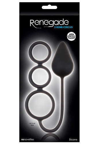 Чёрная анальная пробка с эрекционными кольцами NS Novelties Renegade 3 Ring Circus Large Black NSN-1109-63