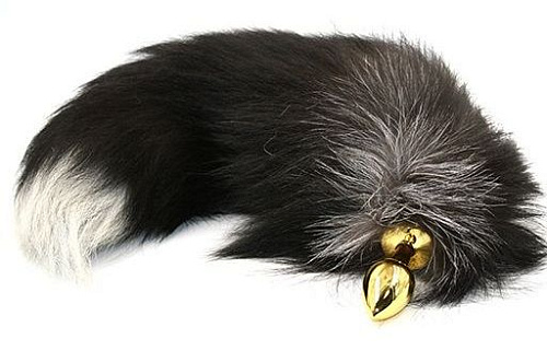 Золотистая алюминиевая анальная пробка с чёрно-белым хвостом из натурального меха Kanikule KL-AL001SRG6