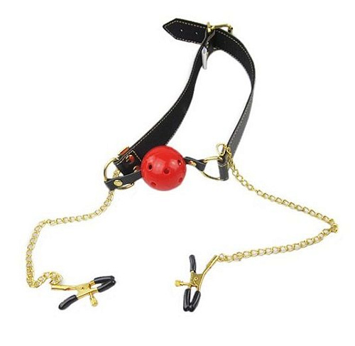 Кляп-шар с зажимами на соски и регулируемыми ремешками Romfun PR-006