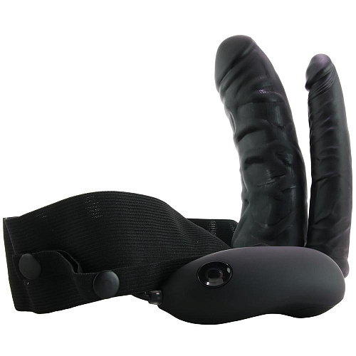 Полый страпон чёрного цвета с двумя отростками и вибрацией Lux Fetish Unisex Vibrating Hollow Strap-On Double Penetrating Dildo LF5305 (17,8 см)