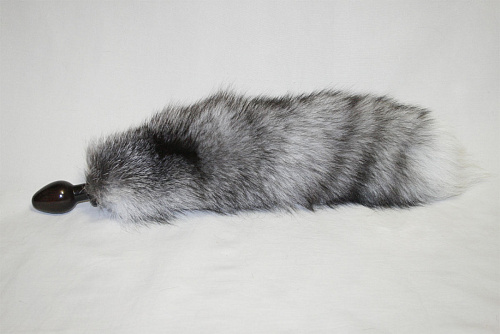 Большая анальная пробка чёрного цвета с серым лисьим хвостом Wild Lust BF40black/grey