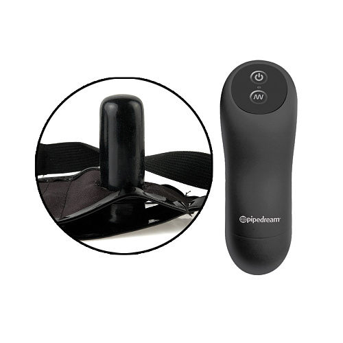 Чёрный страпон с вибрацией на фиолетовых трусиках Pipedream Remote Control Fantasy Strap-on PD3336-23 (18 см)