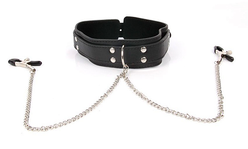 Чёрный ошейник на регулируемом ремешке с металлическими зажимами для сосков Bior toys NTU-80340-1