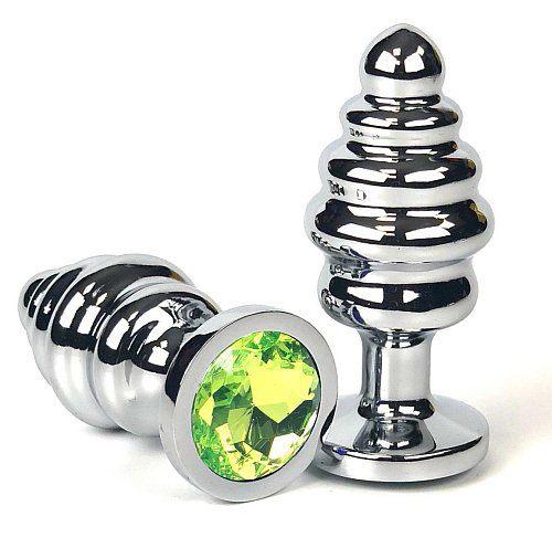 Серебристая ребристая анальная пробка с лаймовым кристаллом Vandersex 185-RG1M (7 см)