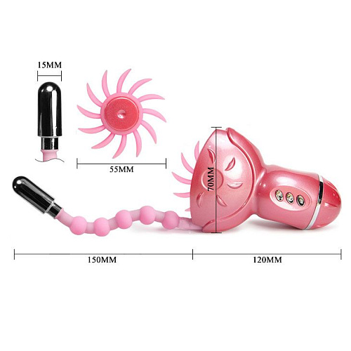Имитатор орального секса розового цвета с анальным хвостом и вагинальной насадкой Baile Rolling Fun II BI-014100-1