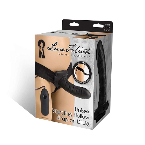Полый страпон чёрного цвета с вибрацией Lux Fetish Unisex Vibrating Hollow Strap-On LF5306