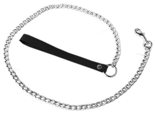 Металлический поводок с чёрной кожаной ручкой Подиум Р04А