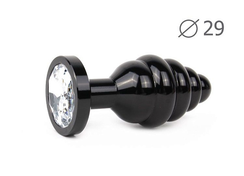 Коническая ребристая чёрная анальная втулка с прозрачным кристаллом Anal Jewelry Plug ABCK-01-S (7,1 см)