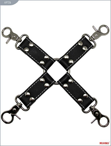 Крестовина с карабинами и манжеты для рук и ног из чёрной кожи X-Market Ltd 69726