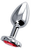Серебристая гладкая коническая анальная пробка с красным кристаллом Штучки-дрючки 690126 (7 см)