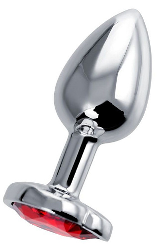 Серебристая гладкая коническая анальная пробка с красным кристаллом Штучки-дрючки 690126 (7 см)