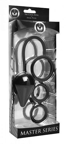 Чёрное тройное эрекционное кольцо с анальным стимулятором XR Brands Triple Threat AD702