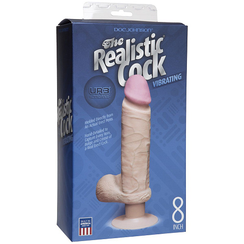 Вибромассажёр-реалистик на присоске телесногоо цвета Doc Johnson The Realistic Cock ULTRASKYN Vibrating 8” 1160-02-BX (23,5 см)