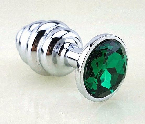 Серебристая фигурная анальная пробка с зелёным стразом 4sexdreaM 47144-2 (8 см)