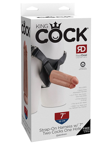 Телесный сдвоенный поясной страпон Pipedream Strap-On Harness with 7 Two Cocks One Hole PD5644-21 (19,1 см)