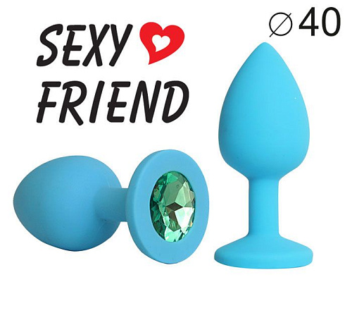 Голубая силиконовая анальная пробка с зелёным кристаллом Bior toys SF-70291-07 (9,5 см)