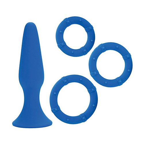 Синий набор: анальная пробка и 3 эрекционных кольца California Exotic Novelties Posh Silicone Performance Kits SE-0398-10-3