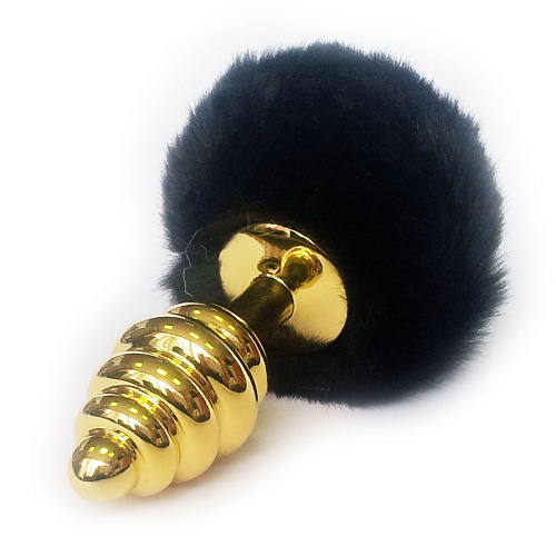 Ребристая анальная пробка с чёрным хвостиком из искусственного меха Lovetoy RO-T04-3