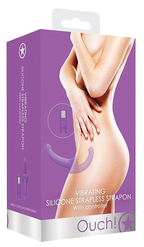 Фиолетовый безремневой вибрострапон с пультом управления Shots Media BV Vibrating Silicone Strapless Strapon OU323PUR