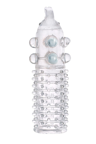 Гелевая прозрачная насадка с шариками, шипами и усиком ToyFa 818027-1 (11 см)