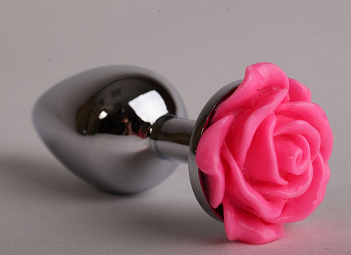 Серебристая анальная пробка с розовой розочкой 4sexdreaM 47181-1 (8 см)