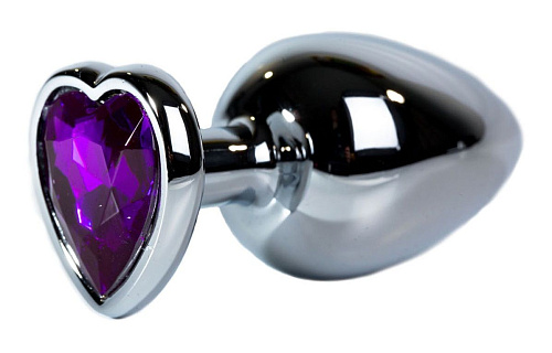 Серебристая анальная пробка с фиолетовым кристаллом-сердцем Vandersex 170-LHS1 (9,5 см)