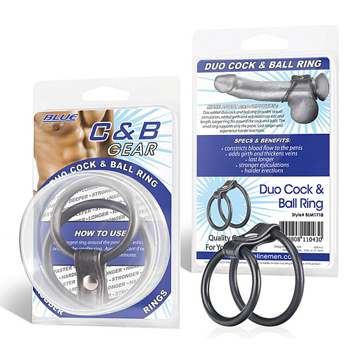 Двойное эрекционное кольцо на пенис и мошонку чёрного цвета BlueLine BLM1718