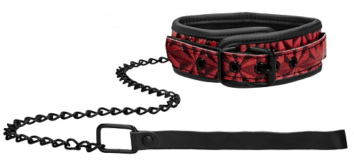 Красно-чёрный широкий ошейник с поводком Shots Media BV Luxury Collar with Leash OU343BUR