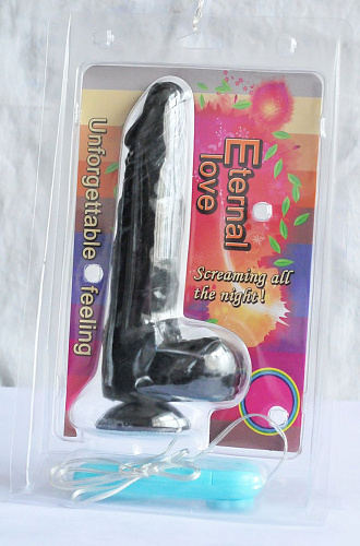 Чёрный вибромассажёр-реалистик с мошонкой на присоске с выносным пультом Sextoy 2011 00389 (22,5 см)