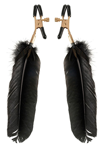 Зажимы на соски с крупными чёрными пёрышками Pipedream GOLD FEATHER NIPPLE CLAMPS PD3997-23