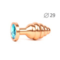 Коническая ребристая золотистая анальная втулка с голубым кристаллом Anal Jewelry Plug AG-05-S (7,1 см)
