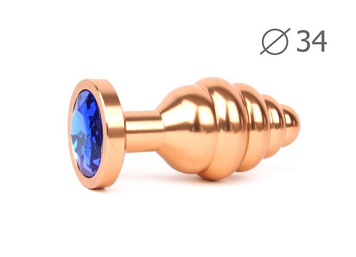 Коническая ребристая золотистая анальная втулка с синим кристаллом Anal Jewelry Plug AG-13-M (8 см)