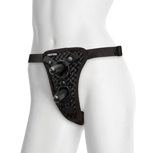 Чёрные трусики с двумя плагами Doc Johnson Double Penetration Velvet Harness with 2 plug 1090-19-BX