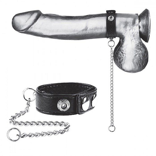 Чёрная утяжка на пенис с поводком BlueLine Snap Cock Ring With 12 Leash BLM3041