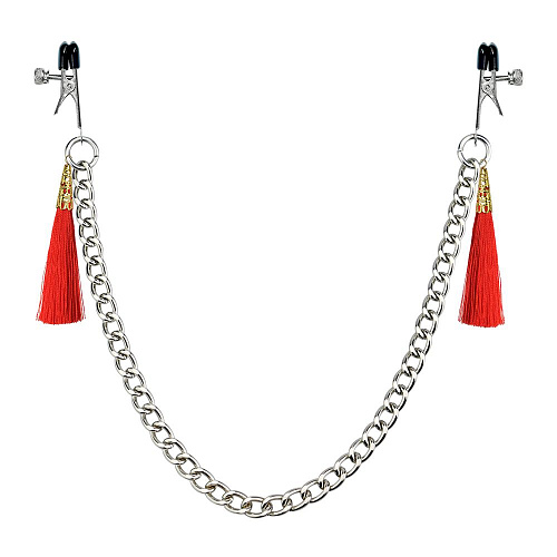 Зажимы на соски с красными кистями Lovetoy Tassel Nipple Clamp With Chain LV761008 red