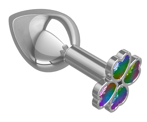 Средняя серебристая анальная втулка с клевером из радужных кристаллов Сумерки богов 529-14 multicolored-DD (8,5 см)