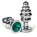 Серебристая ребристая анальная пробка с зелёным кристаллом Vandersex 185-RGL (8 см)