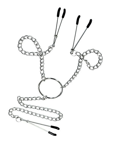 Серебристые зажимы для сосков и клитора на цепочке ToyFa 705005