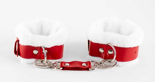 Бело-красные поножи из натуральной кожи с нежным мехом БДСМ арсенал 20003ars