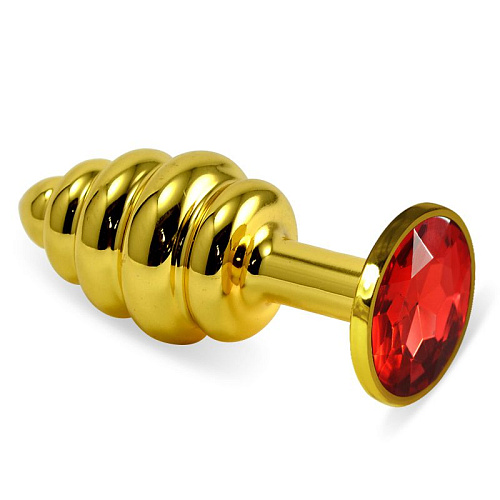 Золотистая ребристая пробка с красным кристаллом Lovetoy RO-GSR04 (7,6 см)